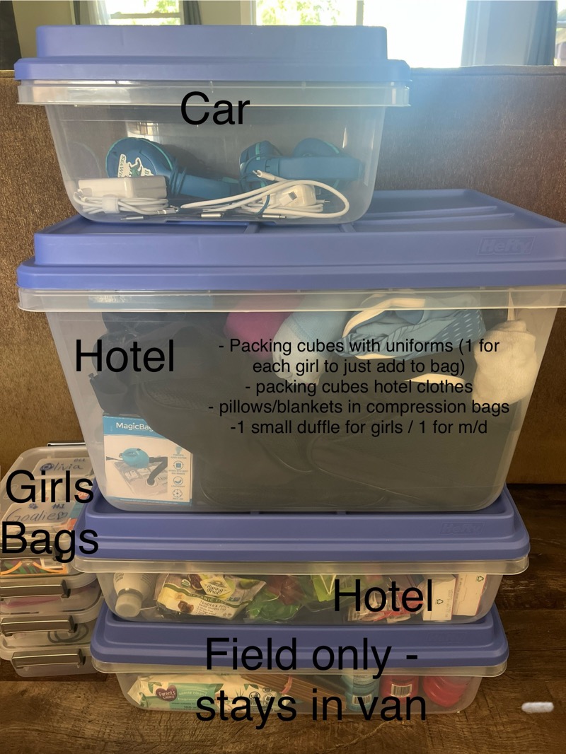 Tournament packing bins labeled Car, Hotel, Field, Girls Bags